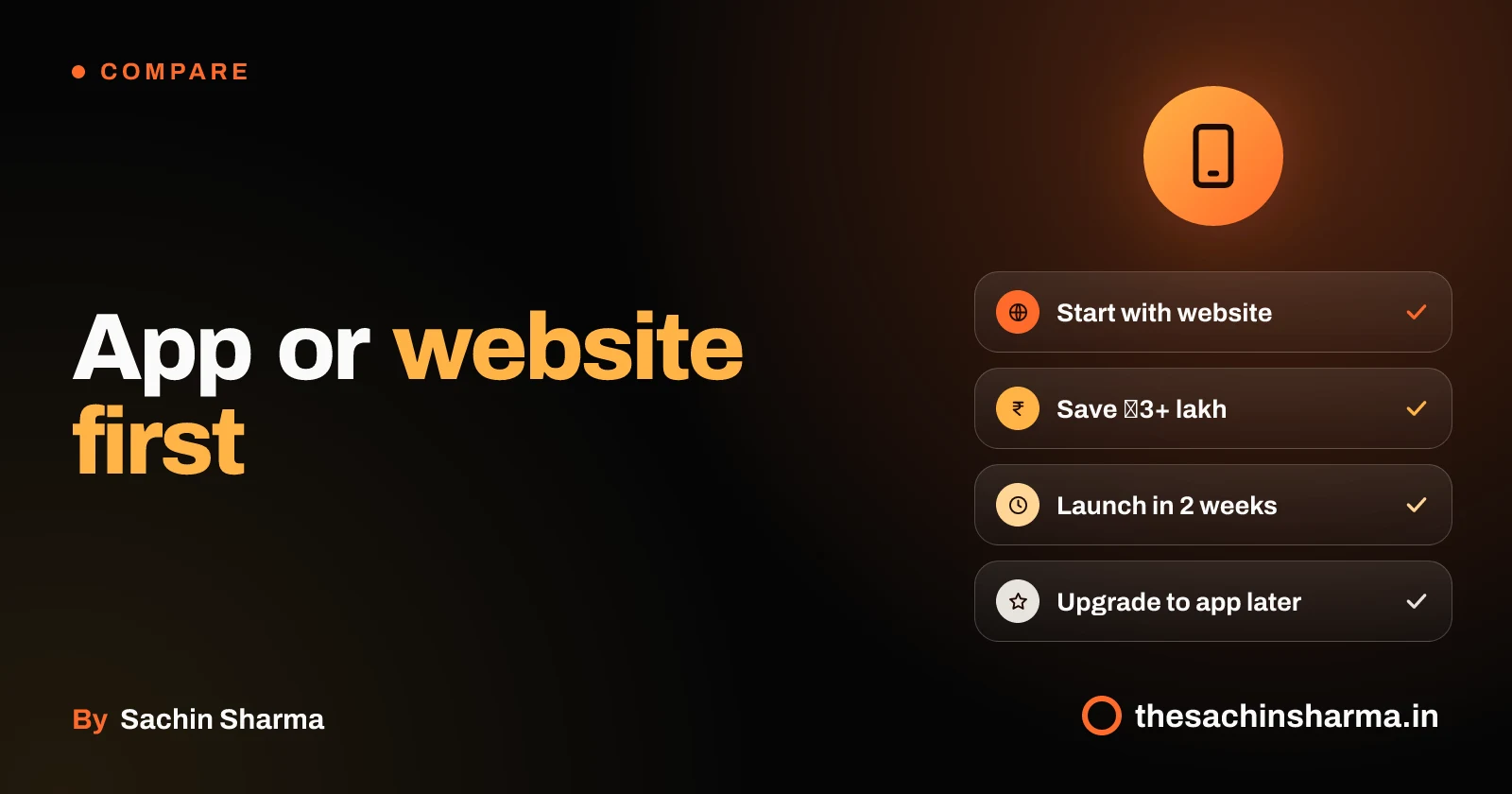 Phone icon with four chips: start with website, save money, launch fast, upgrade later