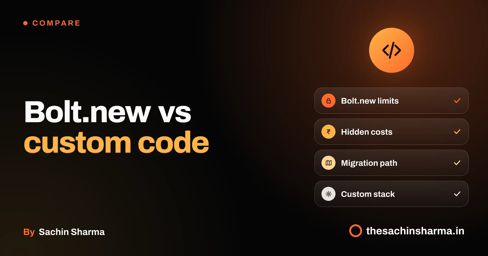 Orbit-style artwork showing Bolt.new constraints and custom code alternatives for shipping apps