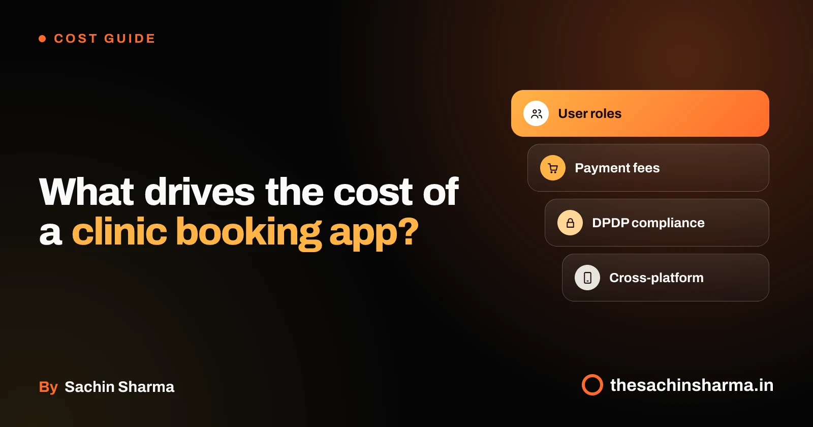 Stacked layers showing cost drivers: user roles, payments, compliance, and platform choice