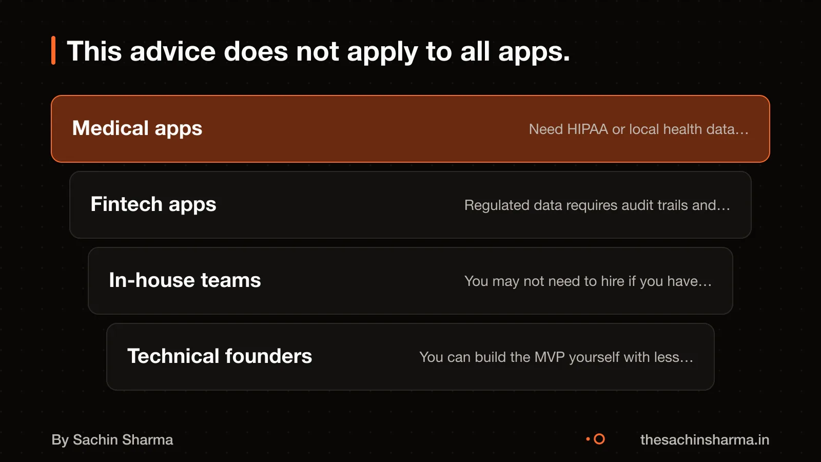 Exceptions: regulated apps, in-house teams, technical founders.