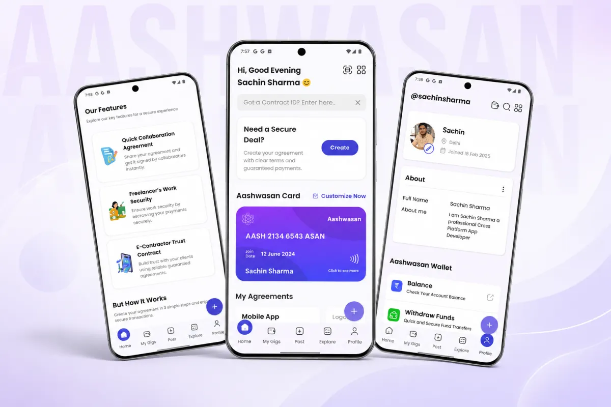 Aashwasan app screens: features, the home screen with an agreement card, and a profile