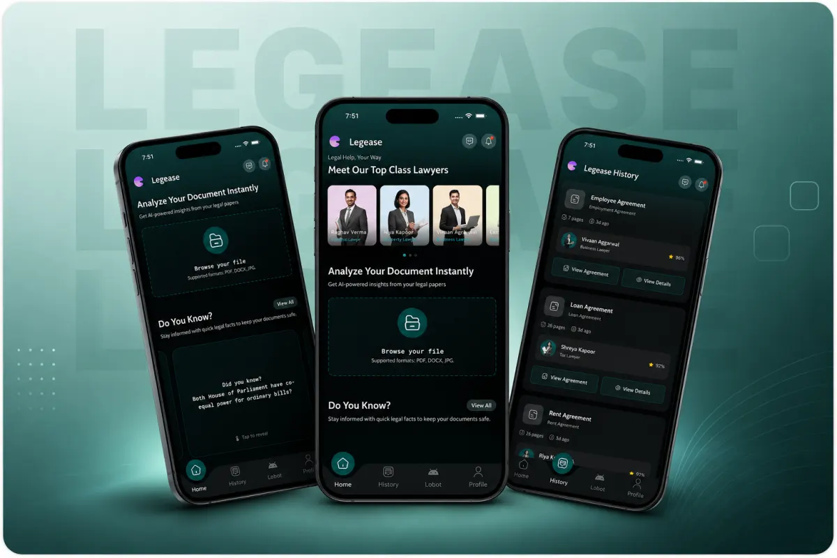 Legease app screens: document analysis, a list of lawyers and agreement history