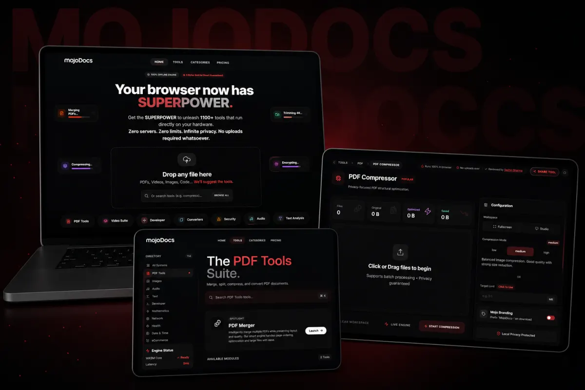 MojoDocs on laptop and tablet: a drop-a-file home page and the PDF tools