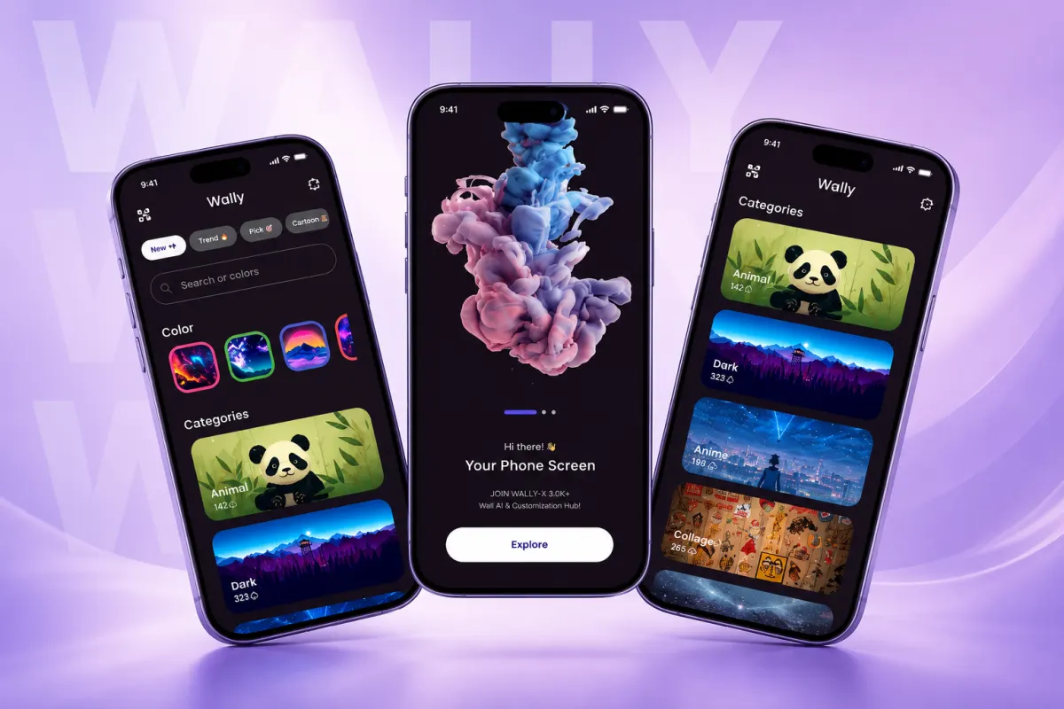 Wally app screens: wallpaper categories, a welcome screen and a colour search